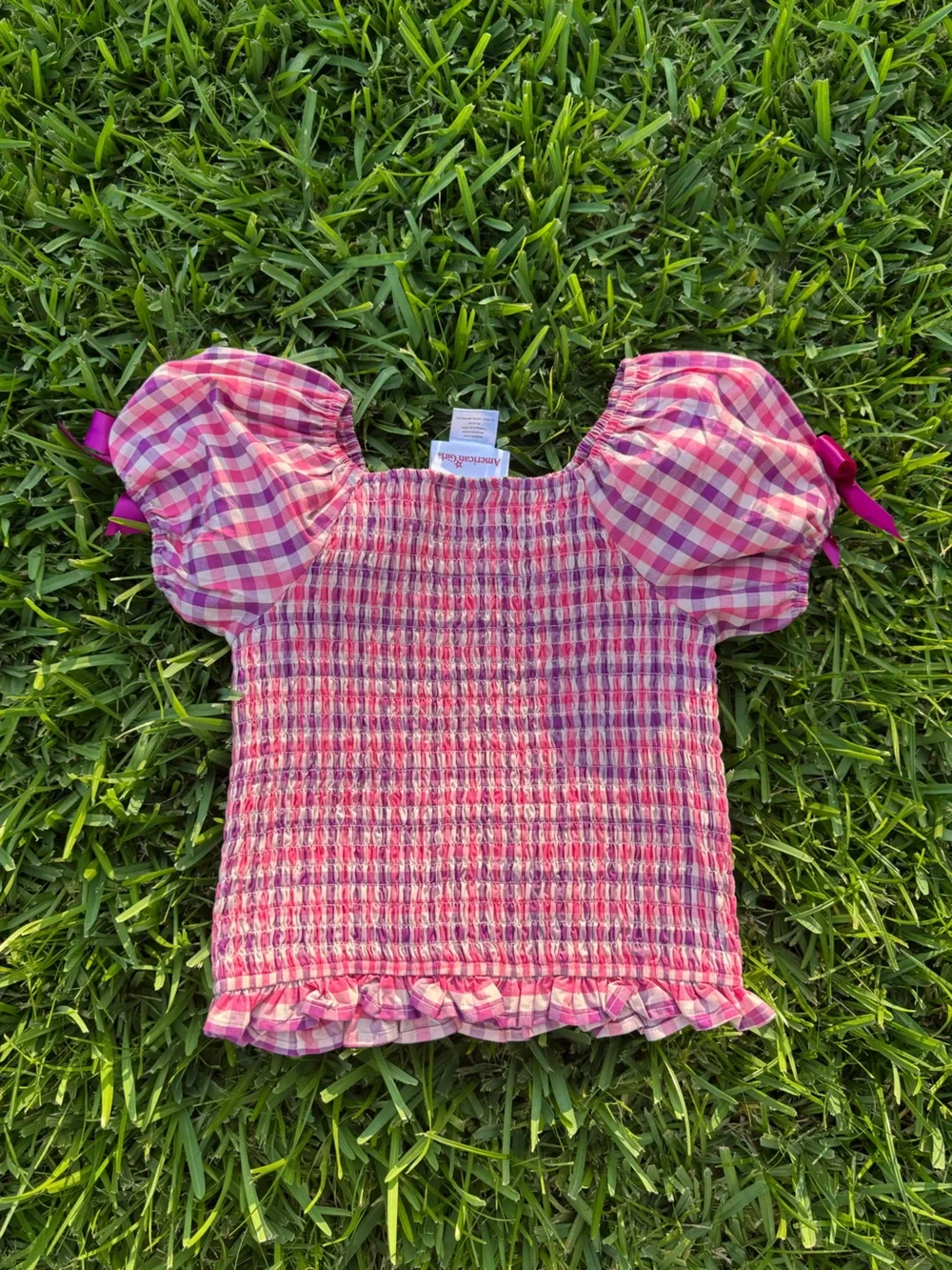 NWT American Girl Raquel Reyes Pink Gingham Smocked Puff-Sleeve top
